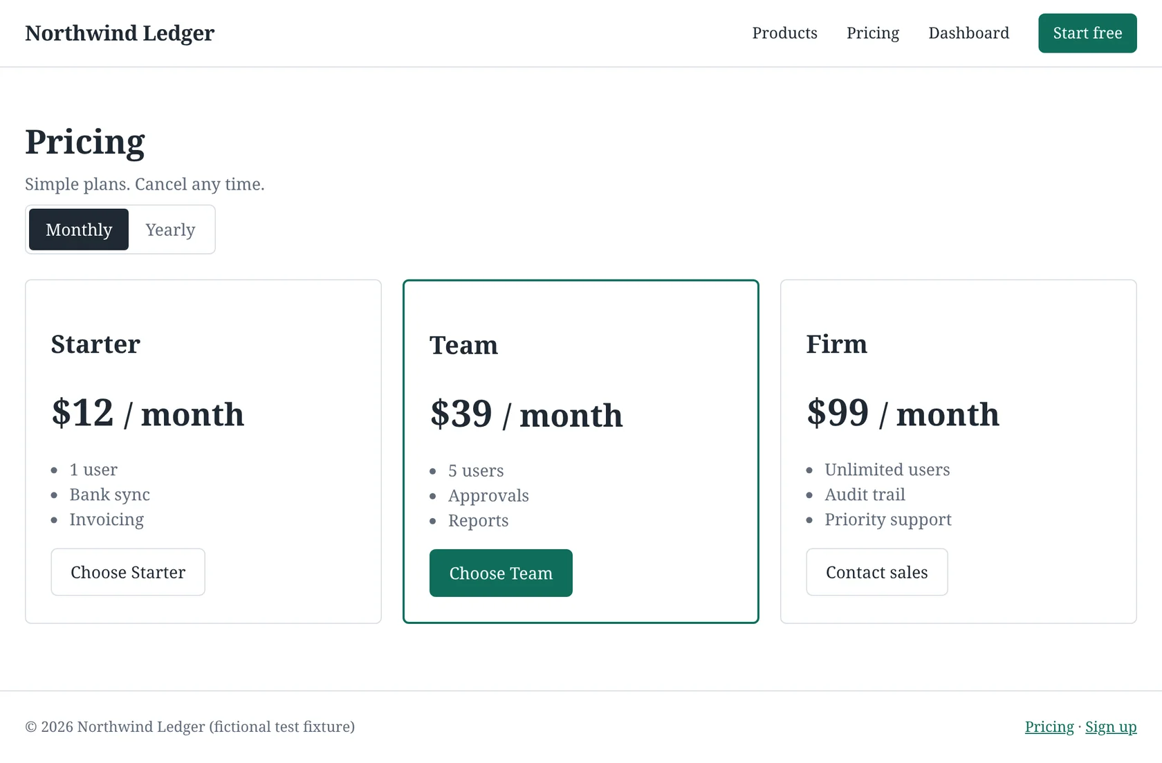 Reference: a pricing page with Starter, Team and Firm plans.